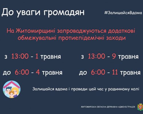 Увага! З 1 до 4 травня на Житомирщині діятимуть додаткові обмежувальні протиепідемічні заходи